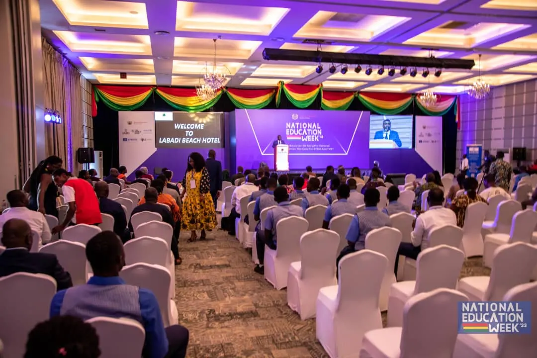 Audience facing the National Education Week stage at Labadi Beach Hotel