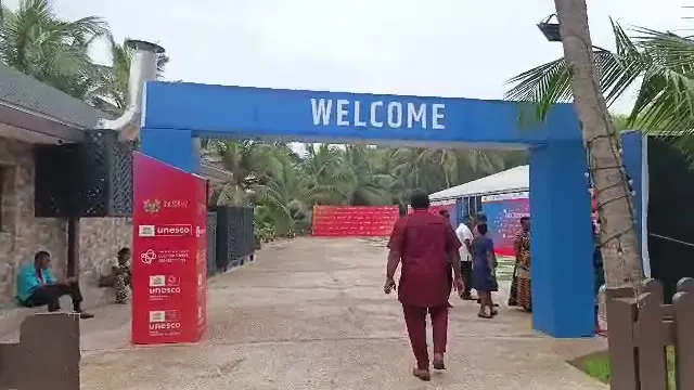 Blue welcome arch at the IYQ 2025 closing ceremony venue